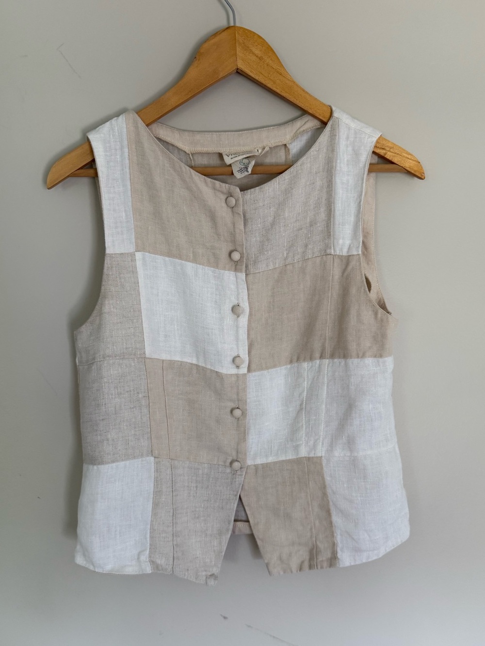 VRG GRL Neutral Patchwork 100% Linen Sleeveless Button-Front Vest Top Sz UK 8/S